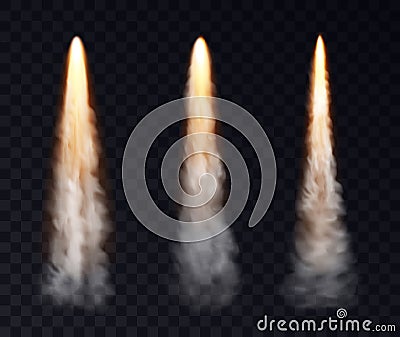 Realistic space rocket launch trails set. Missile or bullet trail. Jet aircraft tracks. Smoke clouds Vector Illustration