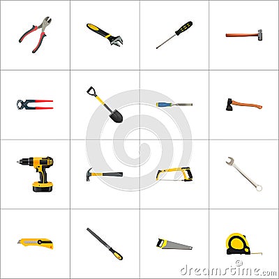 Realistic Spanner, Arm-Saw, Sharpener And Other Vector Elements. Set Of Instruments Realistic Symbols Also Includes Vector Illustration