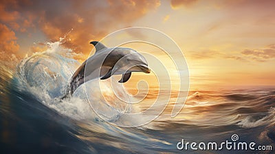 Realistic Speedpainting Of Joyful Dolphin Jumping Over Sunset Wave Stock Photo