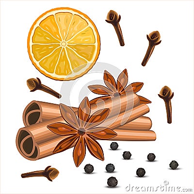 Realistic spices for Christmas mulled wine. Stock Photo