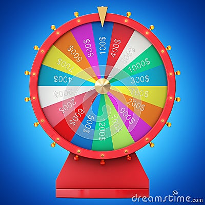 Realistic spinning fortune wheel, lucky roulette. Colorful wheel of luck or fortune. Wheel fortune isolated on blue tint Cartoon Illustration