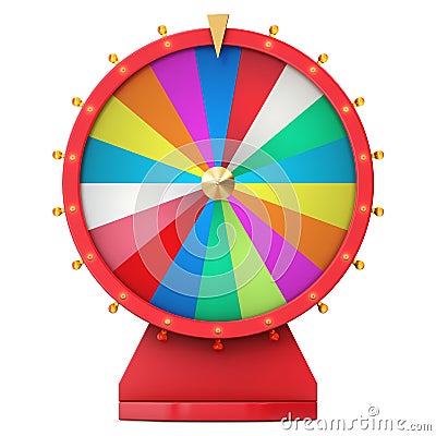 Realistic spinning fortune wheel, lucky roulette. Colorful wheel of luck or fortune. Wheel fortune isolated on white, 3d Cartoon Illustration