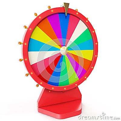 Realistic spinning fortune wheel, lucky roulette. Colorful wheel of luck or fortune. Wheel fortune isolated on white, 3d Cartoon Illustration