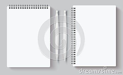 Realistic spiral notebooks. Blank notepad and pen. Vector illustration mock up for corporate identity isolated on gray Vector Illustration