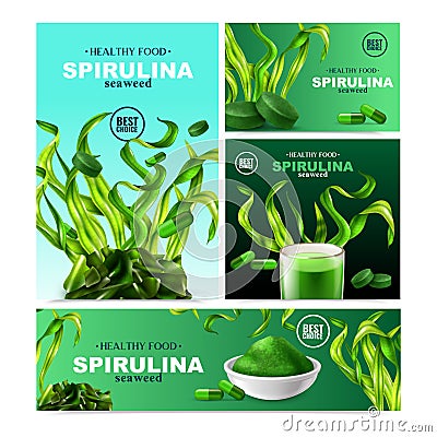 Realistic Spirulina Banners Collection Vector Illustration