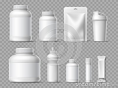 Realistic sport nutrition packaging. Protein powder white containers mockup, training and supplements plastic cans and Vector Illustration