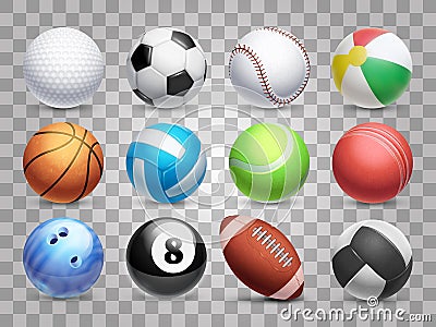 Realistic sports balls vector big set isolated on transparent background Vector Illustration