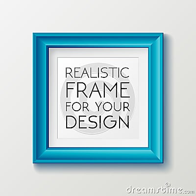 Realistic square blue frame template, frame on the wall mockup with decorative borders Vector Illustration