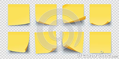 Realistic square yellow paper sticky memo notes. Office reminder sticker pages with curled corners. Wall notepad for Vector Illustration