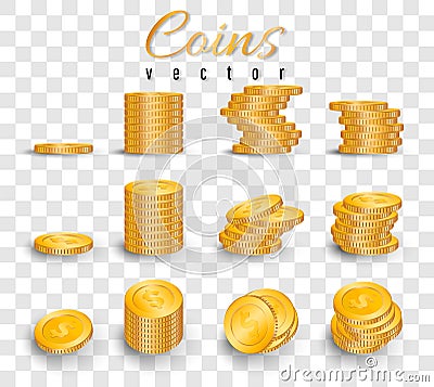 Realistic stack of gold coins isolated on transparent background. Pile of gold coins. Vector illustration Vector Illustration