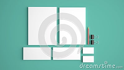 Realistic Stationery Mockups Set. Letterhead, name card, envelope, presentation folder. Stock Photo