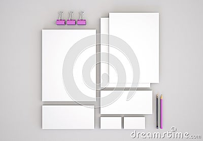 Realistic Stationery Mockups Set. Letterhead, name card, envelope, presentation folder.. Stock Photo