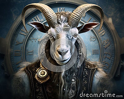 realistic steam punk goat with metal decorations. Stock Photo