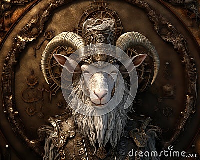 realistic steam punk goat with metal decorations. Stock Photo