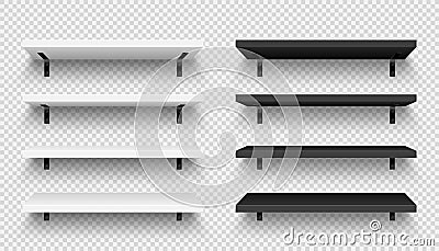 Realistic store shelves with wall mount. Empty product shelf, grocery wall rack. Mall and supermarket furniture Vector Illustration