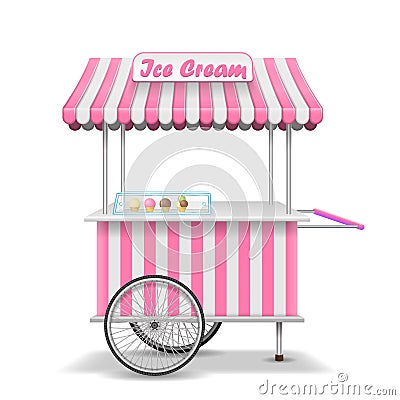 Realistic street food cart with wheels. Mobile pink ice cream market stall template. Ice cream kiosk store mockup Vector Illustration