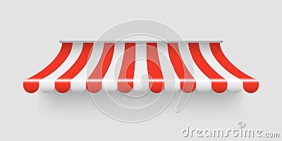 Realistic striped store sunshade awning. Red and white market umbrella. Front tent roof for shop Vector Illustration