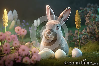A realistic style image of an easter bunny with eggs and spring flowers. Ai generated. Cartoon Illustration