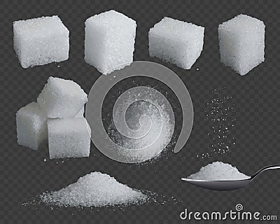 Realistic sugar. 3d glucose in cubes and powder. White grain sugar in spoon, pile top and side views. Sweet fructose Vector Illustration