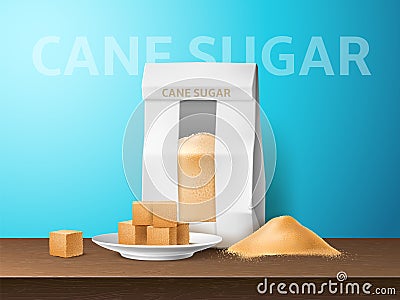 Realistic sugar poster. Cane brown sugar, sweet powder pile, cubes and pieces, sweet natural product, superfood paper Vector Illustration