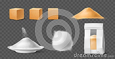 Realistic sugar. Sucrose powder and lumps, brown cane cubes and white flour, sweet ingredient, natural product, glucose Vector Illustration