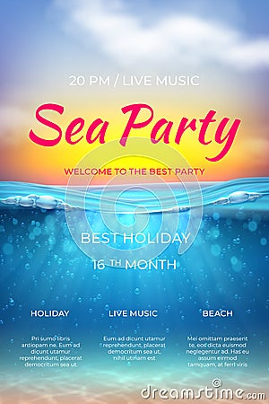 Realistic summer poster. Pool party design, ocean underwater scene for vacation marine event. Vector sea beach party Vector Illustration