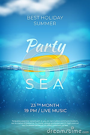 Realistic summer poster. Sea underwater pool party design, ocean beach event banner with waves sky and bottom. Vector Vector Illustration