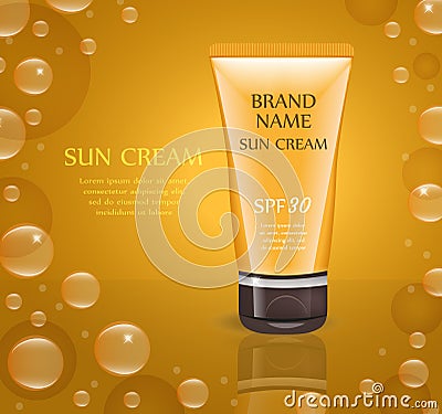 Realistic sun cream package template for your design. Sunscreen tube mock-up product bottle. Cosmetics 3d flacon. Vector Vector Illustration