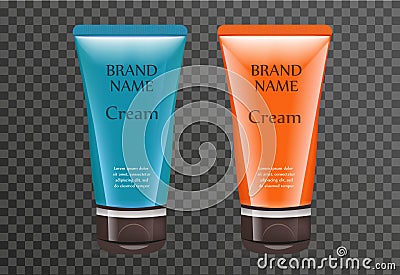 Realistic sun cream package template for your design. Sunscreen tube mock-up product bottle with a transparent Vector Illustration