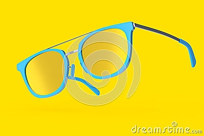 Realistic sunglasess with gradient lens and blue plastic frame on yellow Stock Photo