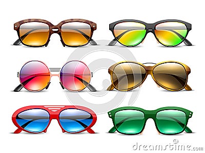 Realistic sunglasses. Tinted eyewear in colored plastic frames, bright darkened lenses, summer optics, sun eye Vector Illustration