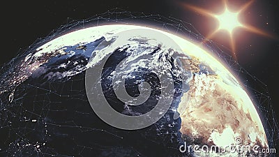 Realistic sunrise over planet Earth with digital data grid mesh around Cartoon Illustration