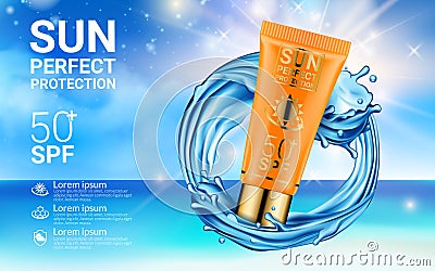 Realistic Sunscreen Cosmetics in Orange Plastic Packaging on Sea Wave Whirlpool Background Advertising Poster with Vector Illustration