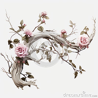 Realistic Surrealism: Twisted Floral Branch With Pink Roses Stock Photo