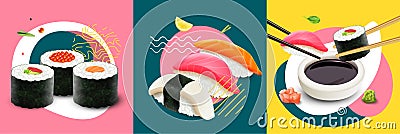 Realistic Sushi Design Concept Set Vector Illustration