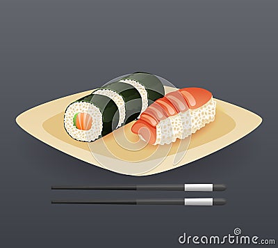 Realistic Sushi Roll Plate Sticks Fast Food Icon Retro Cartoon Symbol Template Vector Illustration Vector Illustration