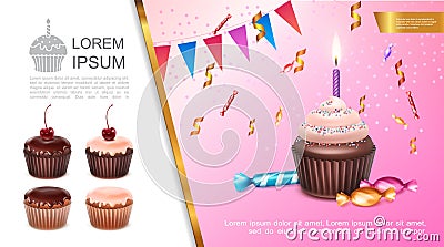 Realistic Sweet Birthday Concept Vector Illustration