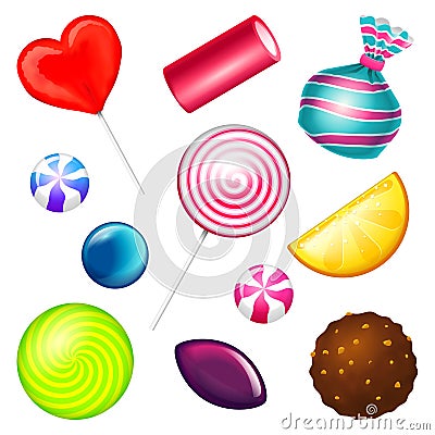 Realistic Sweet candies set. Swirl caramel, assorted circle lollipops, dragee and chocolates, fruit jelly, Sugar clouds Vector Illustration