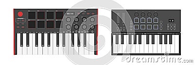 Realistic synthesizers, midi controller. Two octaves, keys, pads and buttons Vector Illustration