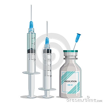 Realistic Syringe and Medications Vector Illustration