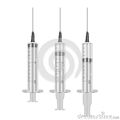 Realistic Syringe 20 ml with hypodermic needles on white background, medical single use syringes. Vector EPS 10 illustration Vector Illustration