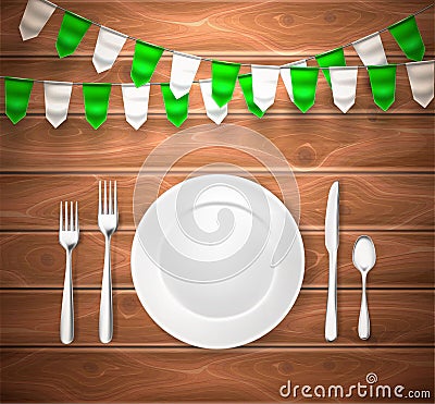 Realistic table setting st patrick wooden texture Vector Illustration