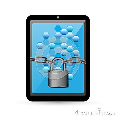 Realistic tablet PC computer or smartphone with data cells on the screen. Lock with a chain around the screen as a symbol of secur Vector Illustration