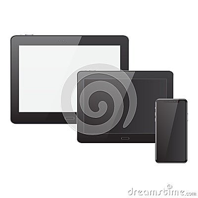 Realistic tablets and mobile phone with shadow on black and gray screens. Set of technological devices, gadgets Vector Illustration