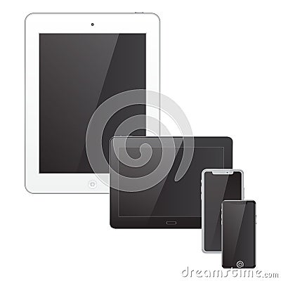 Realistic tablets and mobile phones with a shadow on black screens. Cartoon Illustration