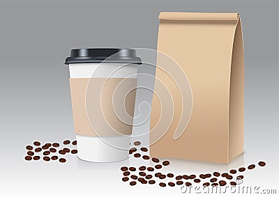 Realistic take away paper coffee cup and brown paper bag with coffee beans. Vector illustration. Vector Illustration