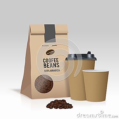 Realistic take away paper coffee cup and brown paper bag with coffee beans. Vector illustration. Vector Illustration