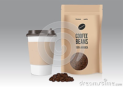 Realistic take away paper coffee cup and brown paper bag with coffee beans. Vector illustration. Vector Illustration