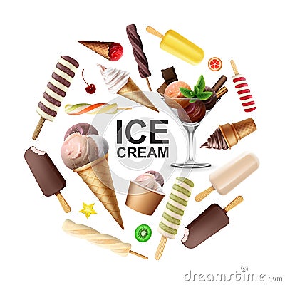 Realistic Tasty Ice Cream Round Concept Vector Illustration