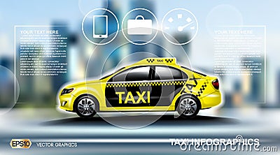 Realistic Taxi car Infographic. Urban city background. Online Cab Mobile App, Cab Booking, Map Navigation e-commerce Vector Illustration